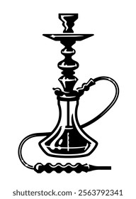 Arabian hookah with pipe emblem. Traditional shisha, smoking tobacco icon symbol. Black and white vector drawing