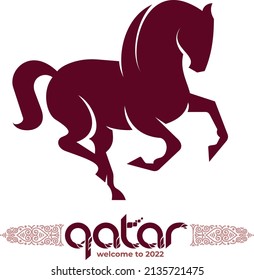 Arabian horse icon silhouette and lettering Welcome to Qatar. Vector illustration in the national colors of the flag of Qatar isolation on white background. Soccer World Cup. Qatar 2022.