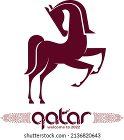 Arabian horse icon silhouette and lettering Welcome to Qatar. Vector illustration in the national colors of the flag of Qatar isolation on white background. Soccer World Cup. Qatar 2022.