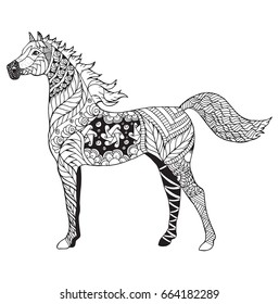 Arabian horse zentangle stylized, vector, illustration, freehand pencil, pattern. Zen art. Black and white illustration on white background. Adult anti-stress coloring book.