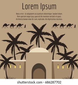 Arabian house, palm tree, camels backround, vector illustration