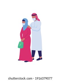 Arabian husband and wife in medical masks flat color vector faceless characters. Saudi couple. Indian man and woman. Health care isolated cartoon illustration for web graphic design and animation