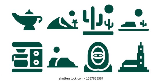 arabian icon set. 8 filled arabian icons.  Collection Of - Coffee maker, Magic lamp, Desert, Dune, Hassan mosque