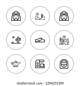 Arabian icon set. collection of 9 outline arabian icons with arab man, arab woman, coffee maker, desert, dunes icons. editable icons.
