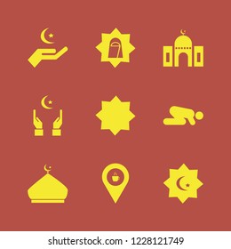 arabian icon. arabian vector icons set arab woman, coffeeshop location, islamic star and islam prayer