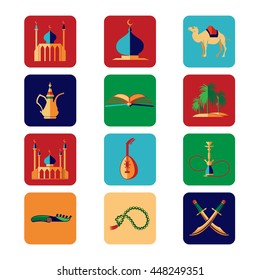 Arabian icons set with camel mosque palms palace hookah etc. Vector illustration