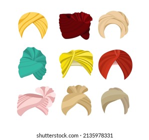 Arabian or Indian colorful turbans cartoon illustration set. Traditional Sikh hats, pagri or headgear for man or woman isolated on white background. Headdress, Arab culture concept