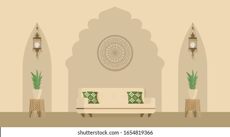 Arabian or Indian style designed living room decorated with Arabic lanterns, home plants, wall decorations, and sofa. Vector flat illustration of the oriental style of room decoration.