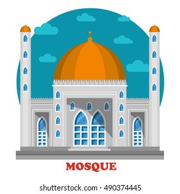 Arabian islam muslim mosque with domes front building view. Architecture of asian place for worship at ramadan celebration, pray to allah. Ideally fit for faith and religion theme