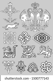 Arabian Islamic ornamental motifs and elements. Set of images of flowers, animals, geometry and abstract  patterns, elements, knots. Simple black and white decor in arabesque style for custom design. 