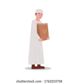 Arabian kid carrying a sack of rice, feels heavy expression cartoon