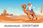Arabian kid rider mounted brown camel travel around Sahara desert. Decorated saddle. Boy upon wildlife animal with hump. Safari transportation. Vector illustration