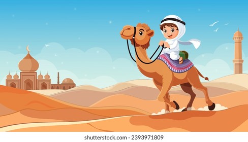 Arabian kid rider mounted brown camel travel around Sahara desert. Decorated saddle. Boy upon wildlife animal with hump. Safari transportation. Vector illustration