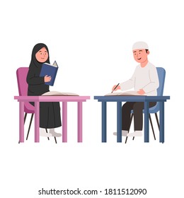 Arabian Kids Study Together Flat Cartoon Illustration