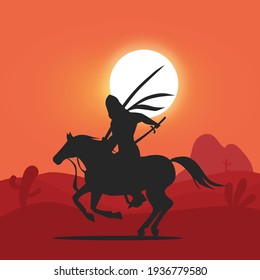 Arabian knight horse in silhouette concept with flat background and beautiful sunset suitable for animation knight character about war on the ocean and flat background collection. eps 10 vector design