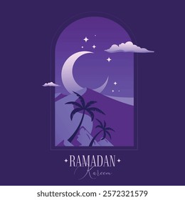 Arabian Landscape, Desert Dune of Sand and Palm trees under a Crescent Moon placed in an Arch Frame. Ramadan Kareem Holy Month social media post template. Muslim Festive vector illustration.