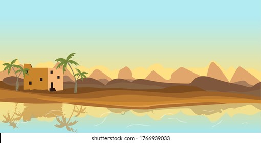 Arabian landscape with desert and water in oasis with palm trees