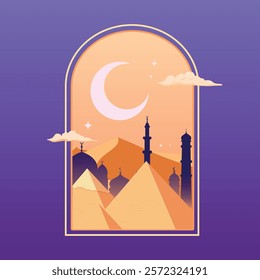 Arabian Landscape, Egyptian Pyramids, a Silhouette of Mosque under a Crescent Moon placed in an Arch Frame. Ramadan Kareem Holy Month social media post template. Muslim Festive vector illustration.