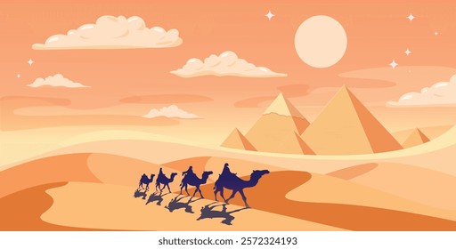 Arabian Landscape illustration, Camel Caravan Crossing Desert near Egyptian Pyramids Ramadan Kareem Vector illustration.