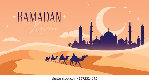 Arabian Landscape illustration, Camel Caravan Crossing Desert Nearby Silhouette of Mosque under the Starry Sky and Crescent Moon. Ramadan Kareem Vector illustration.