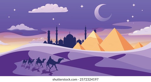 Arabian Landscape illustration, Camel Caravan Crossing Desert Nearby Egyptian Pyramids, Silhouette of Mosque under the Starry Sky and Crescent Moon. Ramadan Kareem Vector illustration.