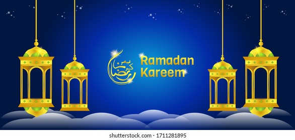 Arabian lantern banners template with ramadan kareem calligraphic