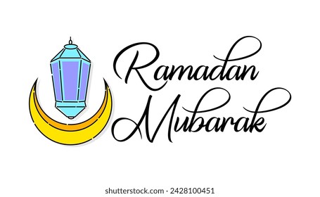 Arabian lantern and crescent with text Ramadan Mubarak. Islamic greeting design element for banner, card, poster, cover, and many more. 