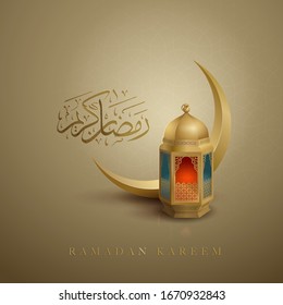 Arabian lantern & golden moon decor for Ramadan greetings. Arabian character " Ramadan Kareem"