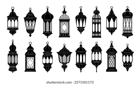 Arabian lanterns and lamp black silhouettes. Arab islamic, ramadan or eid mubarak holiday illumination items. Isolated vector ornate symbols of light, joy and celebration. Decorative festive lamps set