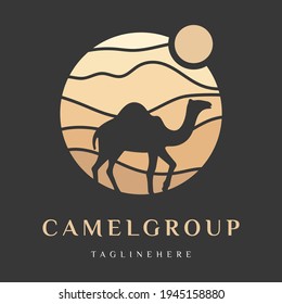 Arabian Logo Camel in desert dunes on beige color gold sand under hot sun in circle wavy pattern background.Design template icon,badge, pictogram,symbol,tourism sign,travel,hot places.Vector isolated