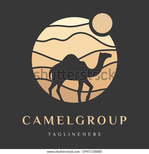 Arabian Logo Camel in desert dunes on beige\
color gold sand under hot sun in circle wavy pattern\
background.Design template icon,badge, pictogram,symbol,tourism\
sign,travel,hot places.Vector\
isolated
