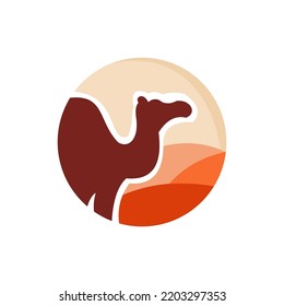 Arabian Logo caravan Camels in desert dunes on beige color gold sand under hot sun in circle wavy pattern background.Design template icon,badge, pictogram,symbol,tourism sign,travel,hot places.Vector