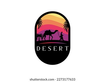 Arabian Logo caravan Camels in desert dunes on beige color gold sand under hot sun in circle wavy pattern background.Design template icon,badge, pictogram,symbol,tourism sign,travel,hot places.Vector