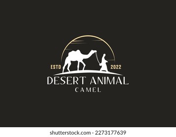 Arabian Logo caravan Camels in desert dunes on beige color gold sand under hot sun in circle wavy pattern background.Design template icon,badge, pictogram,symbol,tourism sign,travel,hot places.Vector