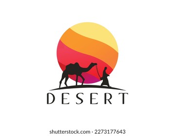 Arabian Logo caravan Camels in desert dunes on beige color gold sand under hot sun in circle wavy pattern background.Design template icon,badge, pictogram,symbol,tourism sign,travel,hot places.Vector