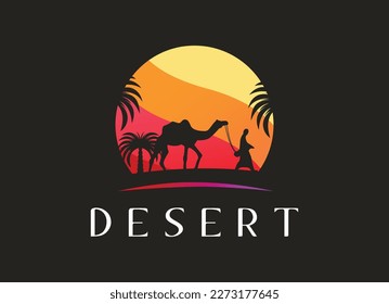 Arabian Logo caravan Camels in desert dunes on beige color gold sand under hot sun in circle wavy pattern background.Design template icon,badge, pictogram,symbol,tourism sign,travel,hot places.Vector