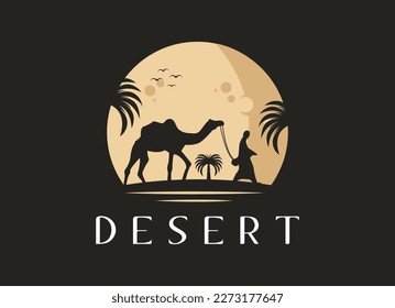 Arabian Logo caravan Camels in desert dunes on beige color gold sand under hot sun in circle wavy pattern background.Design template icon,badge, pictogram,symbol,tourism sign,travel,hot places.Vector