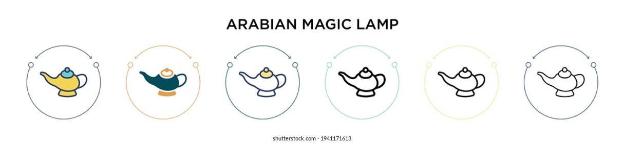 Arabian Zauberlampe Symbol in gefüllt, dünne Linie, Umriss und Strich Stil. Vektorgrafik von zwei farbigen und schwarzen arabischen Zauberlampen-Vektorgrafiken-Designs kann für mobile, iPhone-, web-basierte