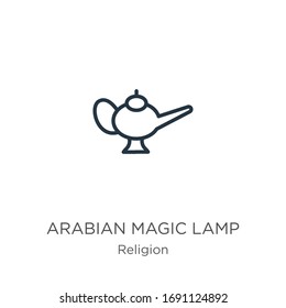 Arabian Zauberlampe Symbol. Leuchtendes Symbol für arabische magische Lampen, einzeln auf weißem Hintergrund aus der Religionskollektion. Vektorillustration der Linie, Symbol für Web und Mobilfunk