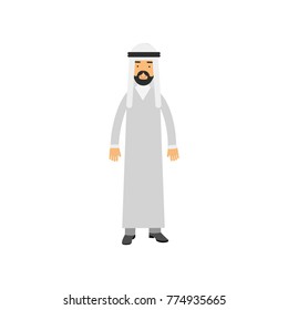 Arabian male character in traditional Muslims clothes. Bearded man in white national dress dishdasha and keffiyeh on head. Isolated flat vector illustration