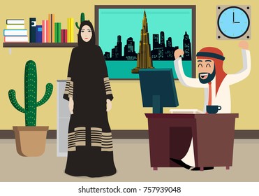 Arabian Man behind Desk, Arabian woman