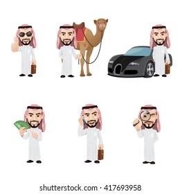 Arabian Man Character Set. Rich Arab Man with Car and Camel.