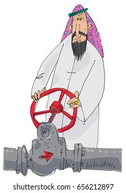 An Arabian man dressed in traditional clothes turns the wheel. Oil pipeline. Hand drawn vector character.