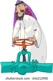 An Arabian man dressed in traditional clothes turns the wheel. Oil pipeline. Hand drawn vector character.
