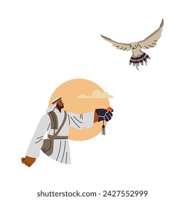 Arabian man with a falcon on an isolated background. A flat illustration that captures the essence of falconry: an Arabian man under a yellow sun calling his bird. Ideal for festival graphics.