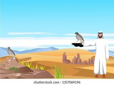 Arabian man with falcon on tradition hinting vector