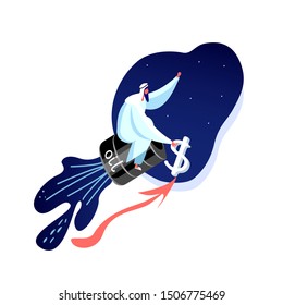 Arabian man flies up on the barrel of oil like a launced rocket showing prices increasing. Oil barrel, red rising graph and upward arrow vector illustration, concept of revenue, production increase