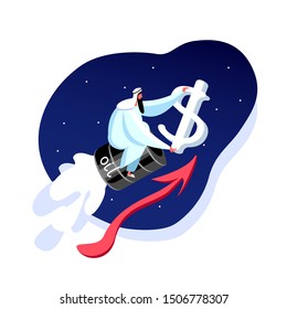 Arabian man flies up on the barrel of oil like a launced rocket showing prices increasing. Oil barrel, red rising graph and upward arrow vector illustration, concept of revenue, production increase