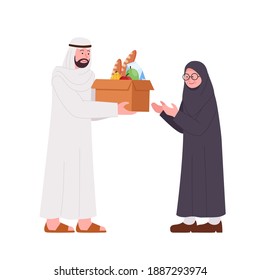 Arabian Man Giving Donation Box Food For Old Woman Illustration