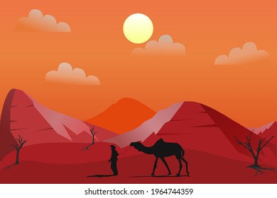 Arabian man and his camel in the desert